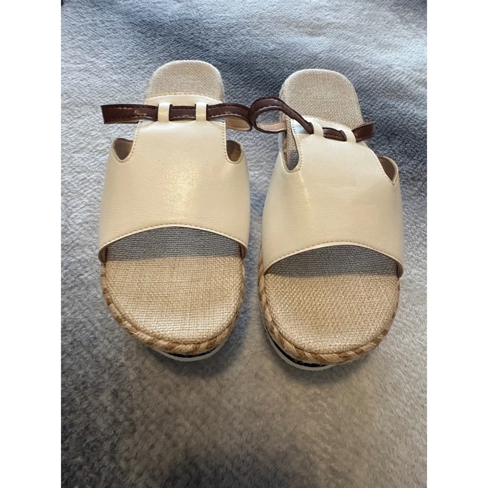 Cream Brown Espadrille Platform Wedge Sandals Mules Size 9 CN 41 Summer Boho
